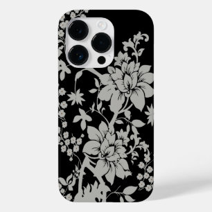 Coque Pour iPhone 14 Pro Modèle floral noir et argent