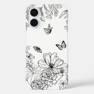 Coque Pour iPhone 16 Modèle floral noir et blanc minimaliste moderne