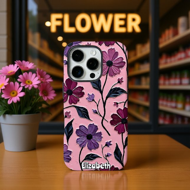Coques Case-Mate iPhone Modèle floral texturé avec fleurs violettes (Créateur téléchargé)