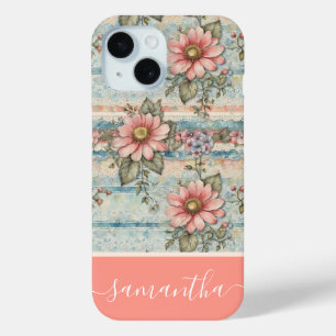Coque Pour iPhone 15 Modèle Floral Vintage Classé Peach Nom personnalis