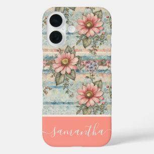 Coque Pour iPhone 16 Modèle Floral Vintage Classé Peach Nom personnalis