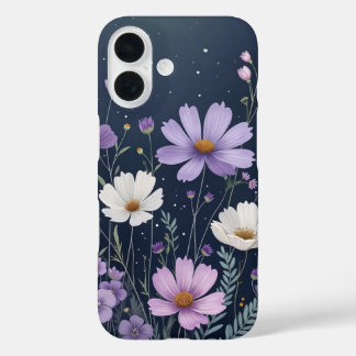 Coque Pour iPhone 16 Modèle floral violet noir - blanc foncé