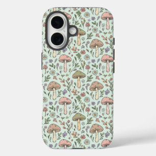 Coque Pour iPhone 16 Modèle sans couture Cottagecore de champignons ver