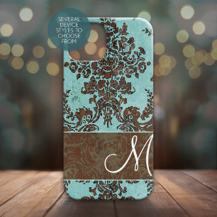 Coques Pour iPhone Modèle vintage Aqua Damask avec Monogramme