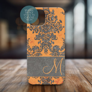 Coque Pour iPhone 15 Modèle vintage de Damas Orange Monogramme