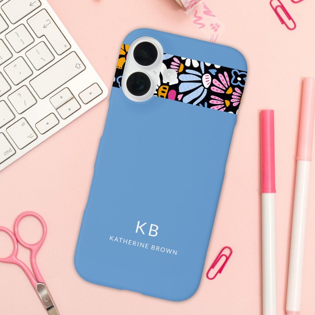 Coques Case-Mate iPhone Modern Elegant Blue Black Floral Pattern  (Créateur téléchargé)