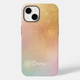 Coque Pour iPhone 14 Modern Glitter Holographic Gold with Name