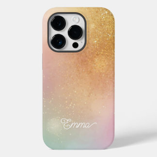 Coque Pour iPhone 14 Pro Modern Glitter Holographic Gold with Name