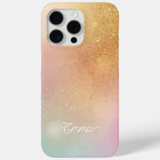 Coque iPhone 15 Pro Max Modern Glitter Holographic Gold with Name