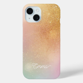 Coque Pour iPhone 15 Modern Glitter Holographic Gold with Name