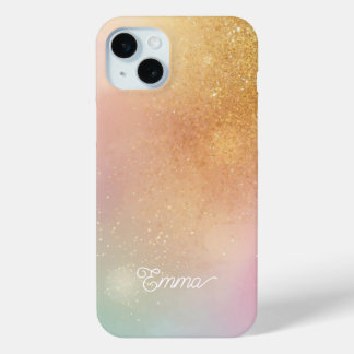 Coque iPhone 15 Mini Modern Glitter Holographic Gold with Name