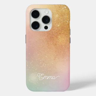 Coque iPhone 15 Pro Modern Glitter Holographic Gold with Name