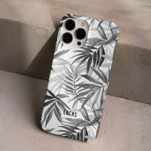 Coques iPhone 16 Pro Modern Grey Tropical Feuille Motif Nom personnalis
