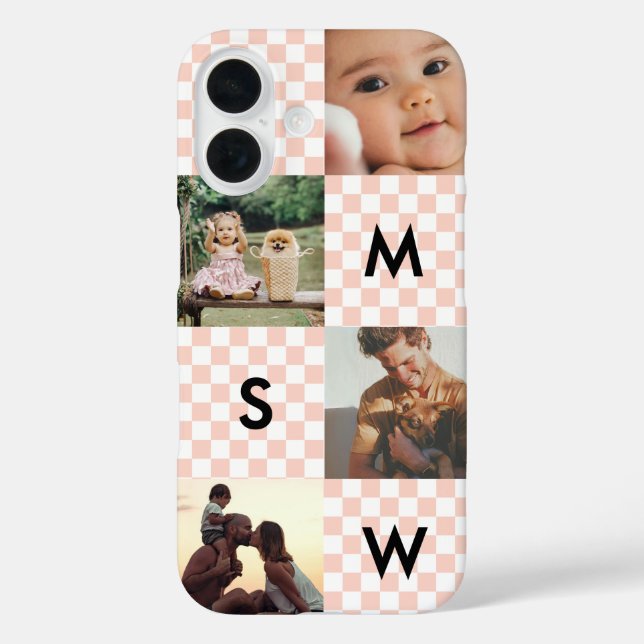 Coques Case-Mate iPhone Modern Photo Collage Monogram Checkerboard Pink (Verso)