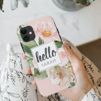 Modern Watercolor Pink Flowers & Hello & Nom