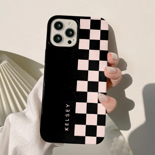 Coque Pour iPhone 15 Moderne à carreaux noir et crème personnalisé