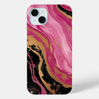 Coque iPhone 15 Mini Moderne abstrait magenta rose or paillettes noir