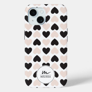 Coque Pour iPhone 15 Moderne Blush rose noir Coeurs d'amour Monogramme