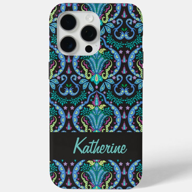 Coques Case-Mate iPhone Moderne Damask Art Déco Noir Turquoise Bleu Nom (Verso)