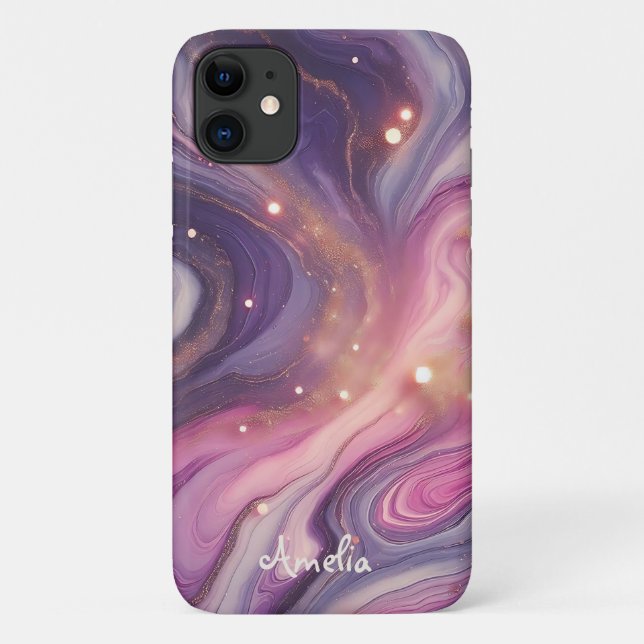 Coques Case-Mate iPhone Moderne Élégant Marbre Violet Or Personnalisé Nom (Dos)