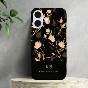 Coque Pour iPhone 16 Moderne Élégant Motif Floral Noir Or