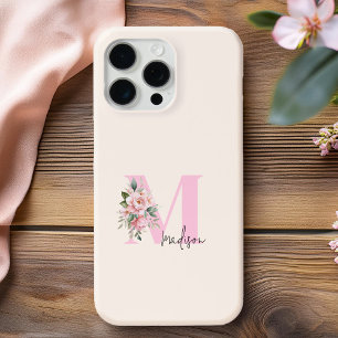 Coques iPhone 16 Pro Max Moderne Élégant rose Floral Nom initial Monogramme