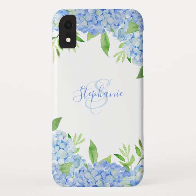 Coques Case-Mate iPhone Moderne Floral bleu Hydrangée Aquarelle Monogramme (Dos)