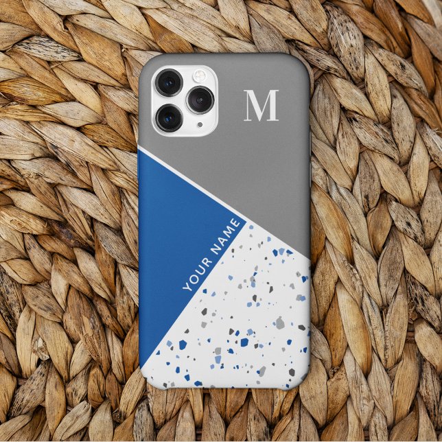 Coques Case-Mate iPhone Moderne Géométrique Gris Bleu Terrazzo Monogram (Créateur téléchargé)