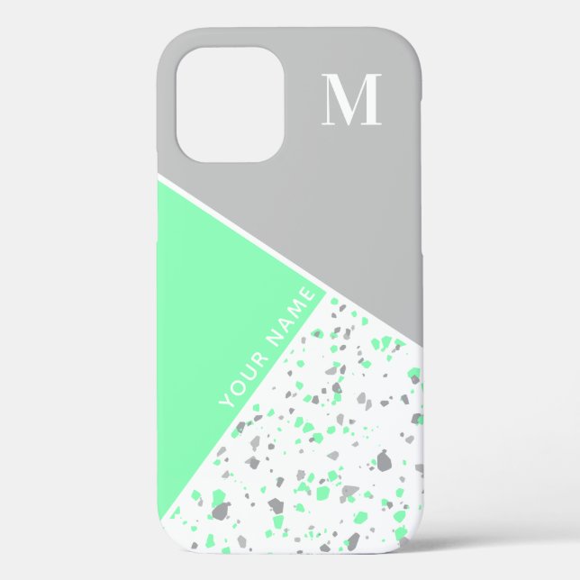 Coques Case-Mate iPhone Moderne géométrique Mint vert Gris Terrazzo Monogr (Verso)