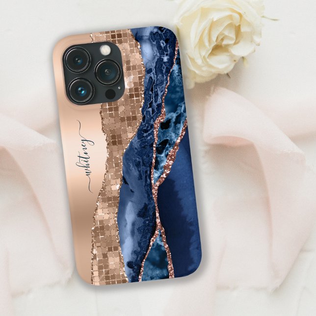 Coques Case-Mate iPhone Moderne Indigo Blue Agate & Rose Gold Confetti Lea (Créateur téléchargé)
