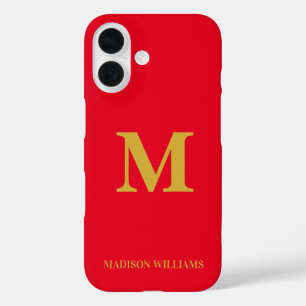 Coque Pour iPhone 16 Moderne Monogramme Chic Rouge Or élégant minimalis