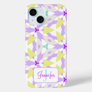 Coque Pour iPhone 15 Moderne Monogramme Géométrique Violet Jaune et Men