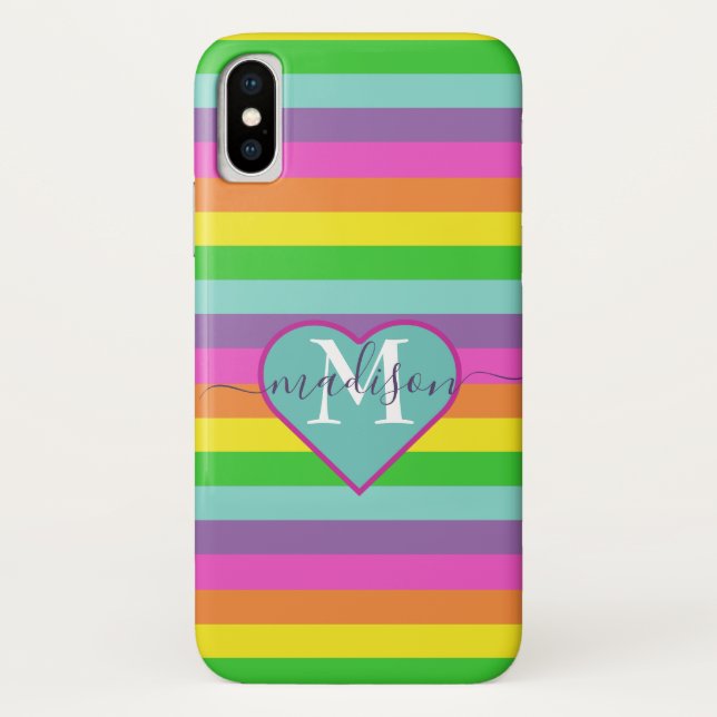 Coques Case-Mate iPhone Moderne Rainbow Heart Nom du script Monogramme (Dos)