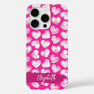 Coques iPhone 16 Pro Moderne rose et blanc Doodled Heart Valentine Nom