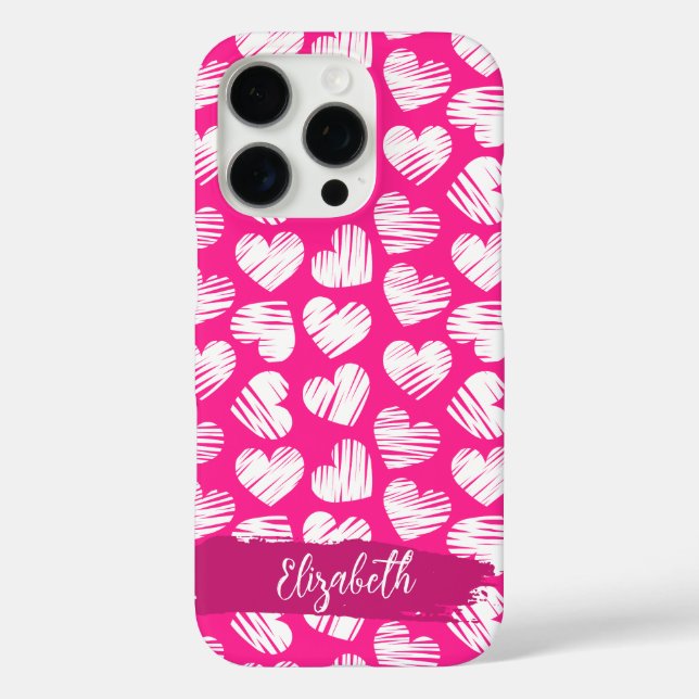 Coques Case-Mate iPhone Moderne rose et blanc Doodled Heart Valentine Nom (Verso)