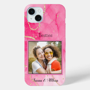 Coque iPhone 15 Mini Moderne rose Personnaliser Photo meilleurs amis