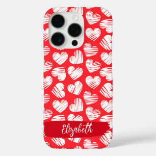 Coques iPhone 16 Pro Moderne Rouge et Blanc Doodled Heart Valentine Nom