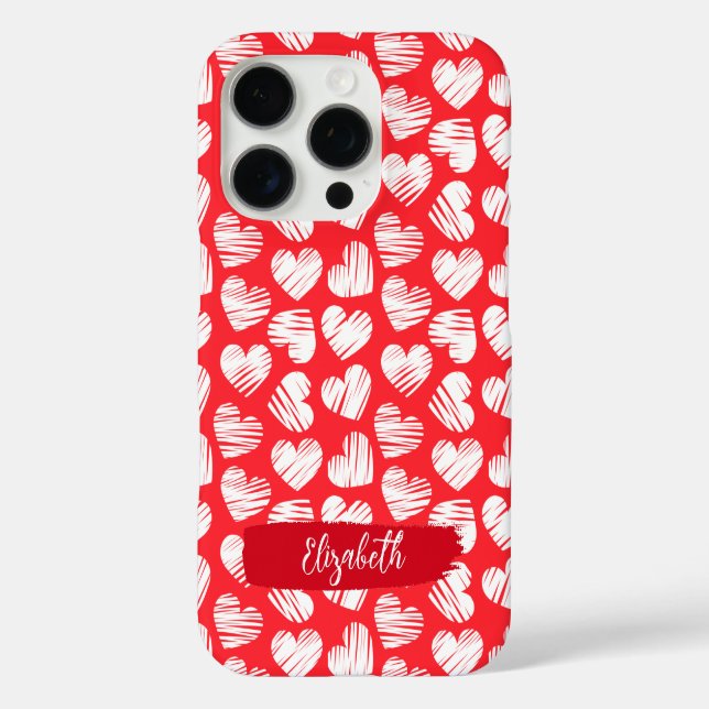 Coques Case-Mate iPhone Moderne Rouge et Blanc Doodled Heart Valentine Nom (Verso)