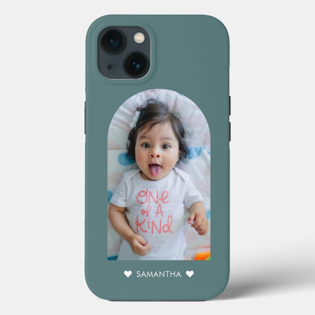 Coques Case-Mate iPhone Moderne Turquoise Hearts Nom Arch Photo de famille (Verso)