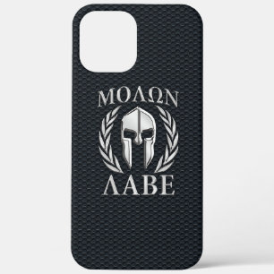 Coque iPhone 12 Pro Max Molon Labe Chrome Spartan Casque sur Grille
