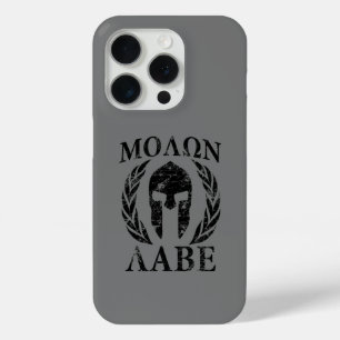 Coque iPhone 15 Pro Molon Labe Masque guerrier spartiate à Laurels sur