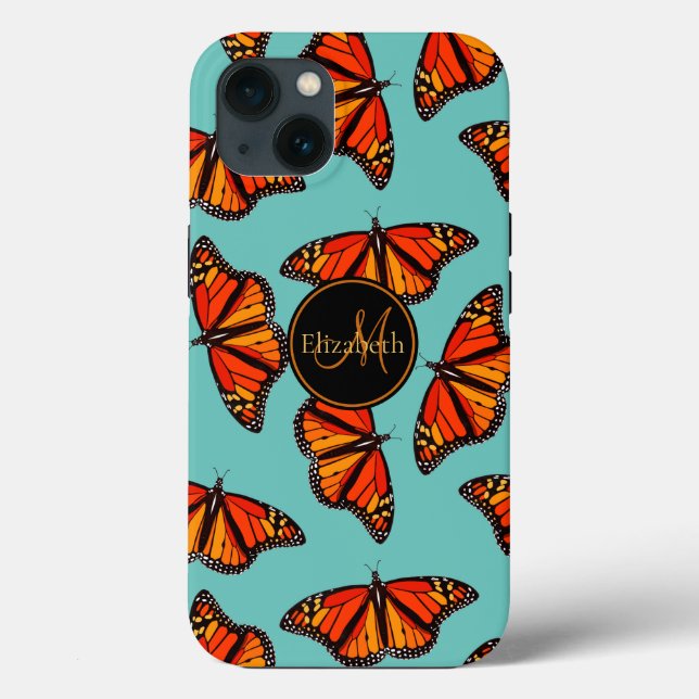Coques Case-Mate iPhone Monarque papillons motif lumière turquoise monogra (Verso)