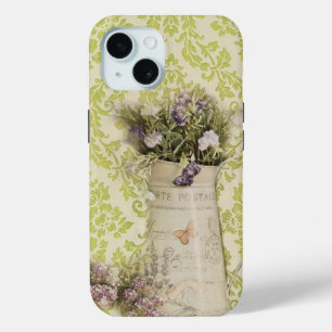 Coque Pour iPhone 15 Monnaie damask lavande fleur rustique pays françai