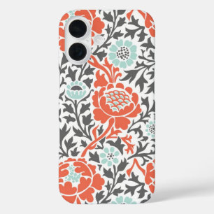 Coques iPhone 16 Monnaie de corail et gris rétro Damas florales