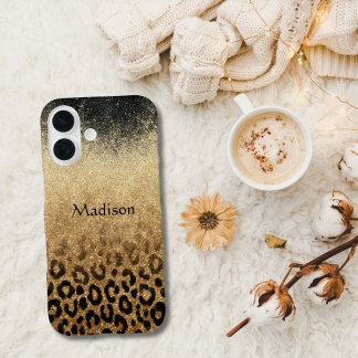 Coque Pour iPhone 16 Monogram Black Gold Glitter Leopard Print