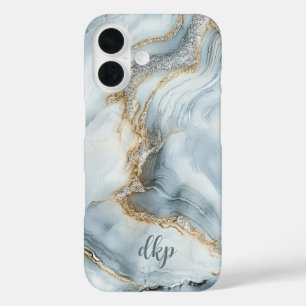 Coque Pour iPhone 16 Monogram Blue White Silver Gold Marble Swirl