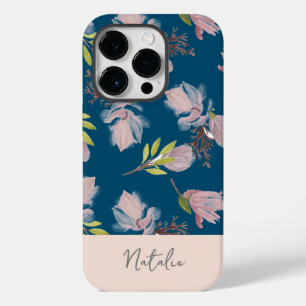 Coque Pour iPhone 14 Pro Monogram Boho et belle marine bleu et rose