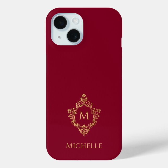 Coques Case-Mate iPhone Monogram Burgundy Faux Gold Crest Initial et nom (Verso)