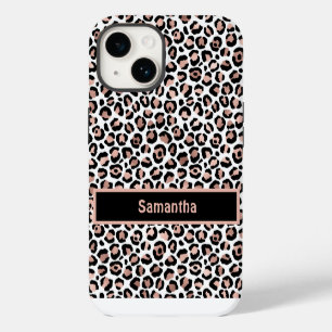 Coque Pour iPhone 14 Monogram Chic Rose Gold et Black Empreinte de léop