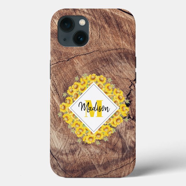 Coques Case-Mate iPhone Monogram de Rustic Sunflowers & Wood Texture (Verso)